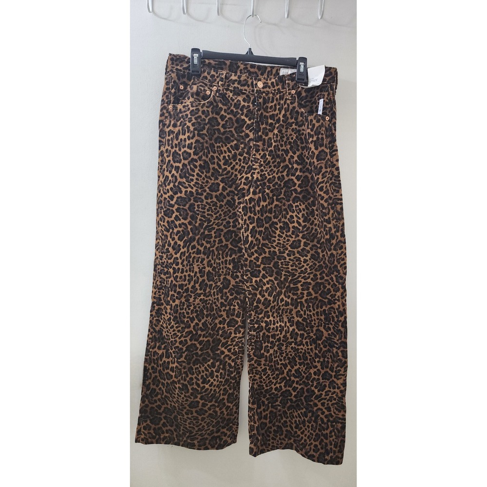 Gap Stride High Rise Corduroy Pants Leopard Animal Print Wide Leg Brown 32/14